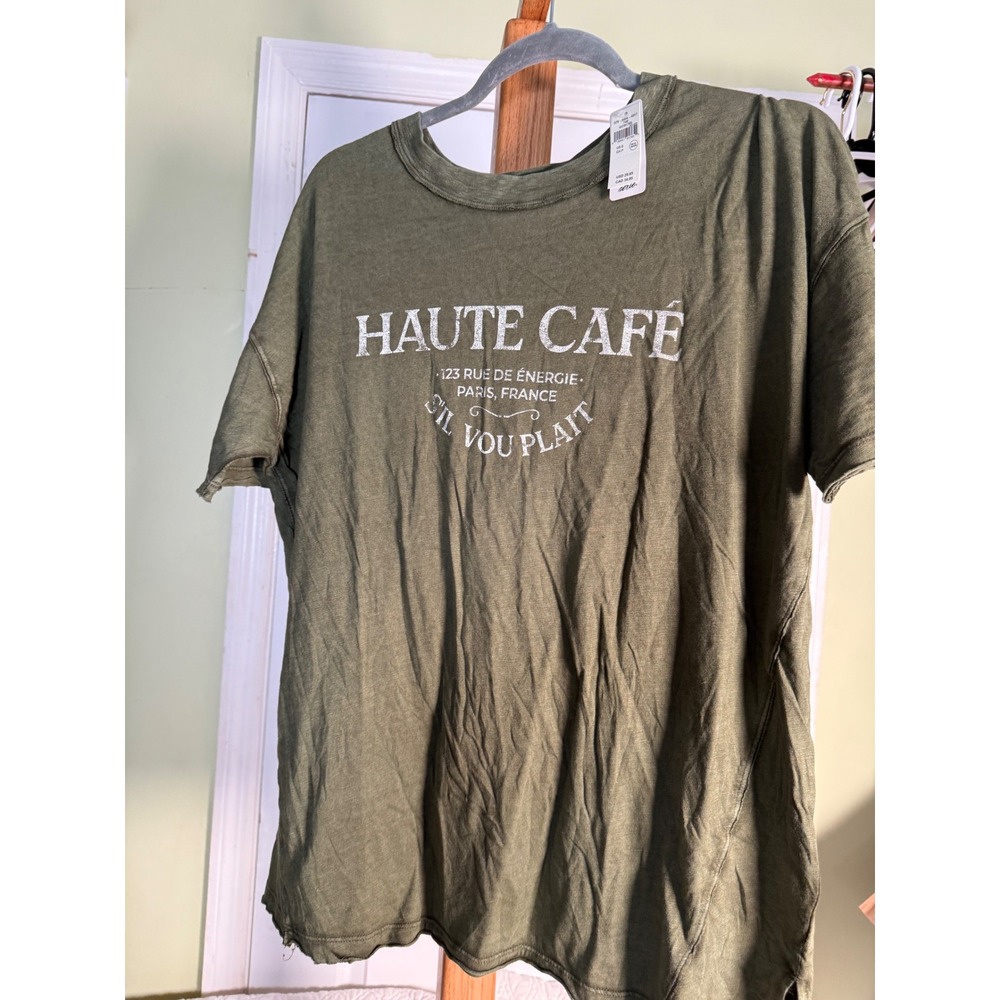 Aerie Haute Cafe Paris Graphic Tee Olive Green Oversized T-Shirt Small NWT